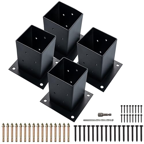 LADECH (4 PCS) LADECH 4x4 Wood Fence Post Anchor Base, 2mm Thick Steel and Black Powder Coated,Come with Wood Screws and Concrete Anchors (Black - 4 PCS) - Image 1