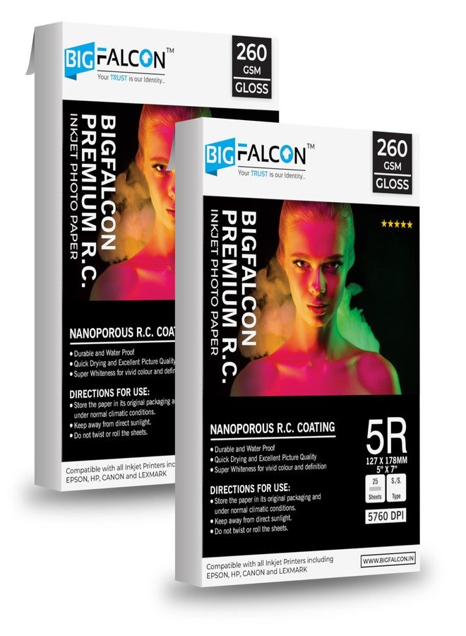 BIGFALCON Premium Ultra Glossy Photo Paper 260 GSM 5R Size (5X7 Inch) RC Resin Coated Water proof Inkjet Photo Paper 50 Sheets for all Inkjet Printer (Pack of 2) - Image 1