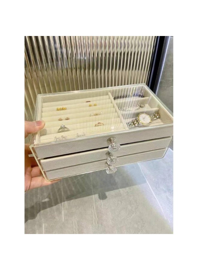 This is a generic three-tiered jewelry organizer box with a clear acrylic exterior and velvet linin - Image 1