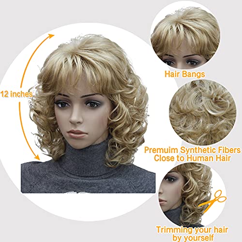 Kalyss Short Blonde Wig with Hair Bangs Women's Curly Wavy Heat Resistant Synthetic Blonde Hair Wigs for Women - Image 3