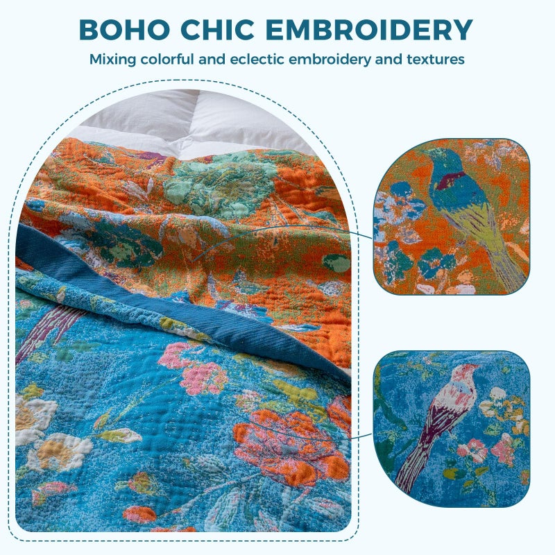 LUTBM Boho Throw Blanket for Bed Cotton Spring Blankets for Bedroom Living Room Twin All Season Lightweight Floral Birds Embroidery Quilt for Couch Sofa Chair 60"x80" - Image 3