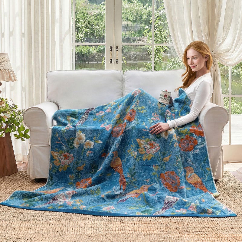 LUTBM Boho Throw Blanket for Bed Cotton Spring Blankets for Bedroom Living Room Twin All Season Lightweight Floral Birds Embroidery Quilt for Couch Sofa Chair 60"x80" - Image 5