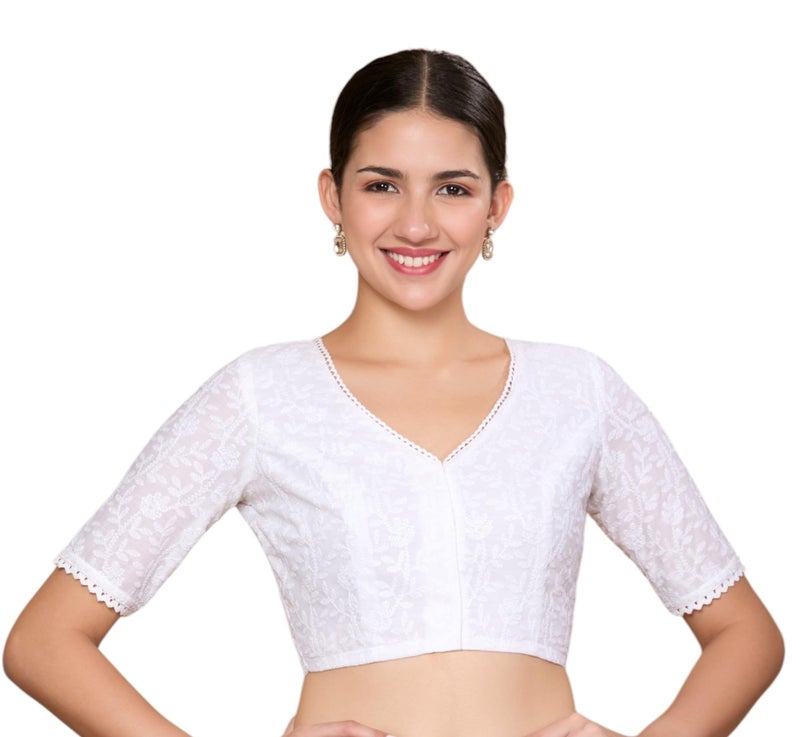 Studio Shringaar Women's White Summer Cotton Chikankari Saree Blouse (White, 40) - Image 1