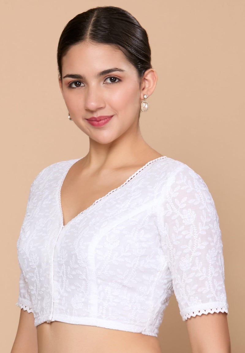 Studio Shringaar Women's White Summer Cotton Chikankari Saree Blouse (White, 40) - Image 4