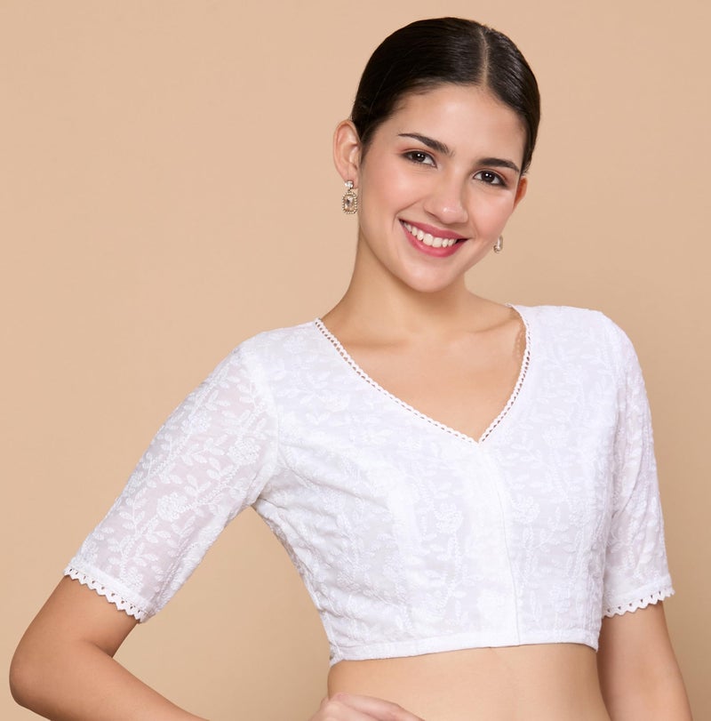 Studio Shringaar Women's White Summer Cotton Chikankari Saree Blouse (White, 40) - Image 3
