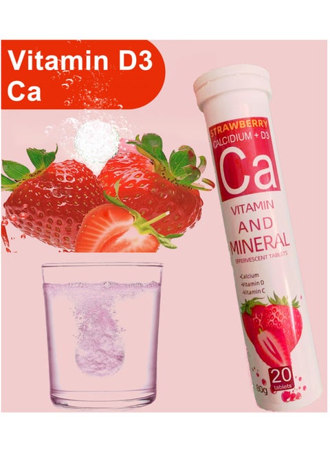 Strawberry Calcium+ Vitamin C Vitamin D3 Effervescent Tablets Immune Support Bone Health Mineral Boost Fast Absorbing Nutrition Drink Supplement