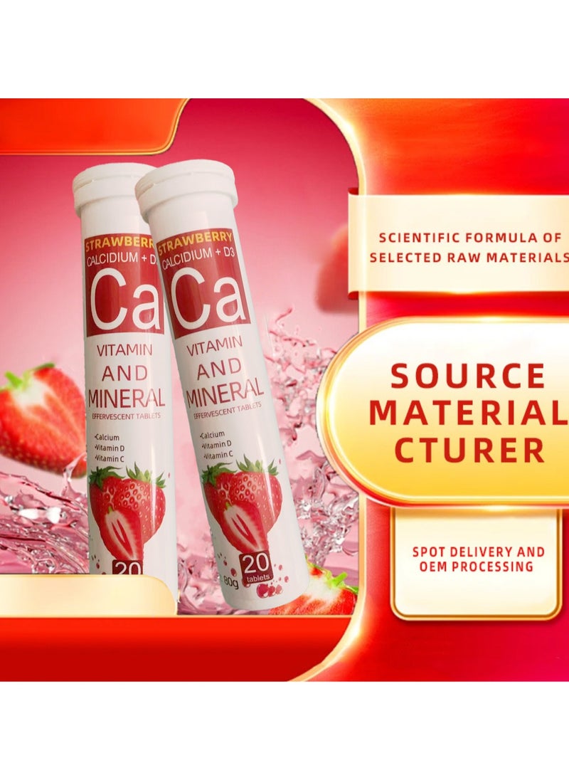 Wins Town - Strawberry Calcium+ Vitamin C Vitamin D3 Effervescent Tablets Immune Support Bone Health Mineral Boost Fast Absorbing Nutrition Drink Supplement - Image 1