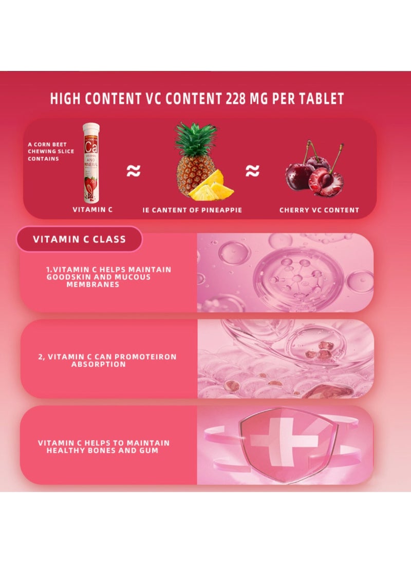 Wins Town - Strawberry Calcium+ Vitamin C Vitamin D3 Effervescent Tablets Immune Support Bone Health Mineral Boost Fast Absorbing Nutrition Drink Supplement - Image 1