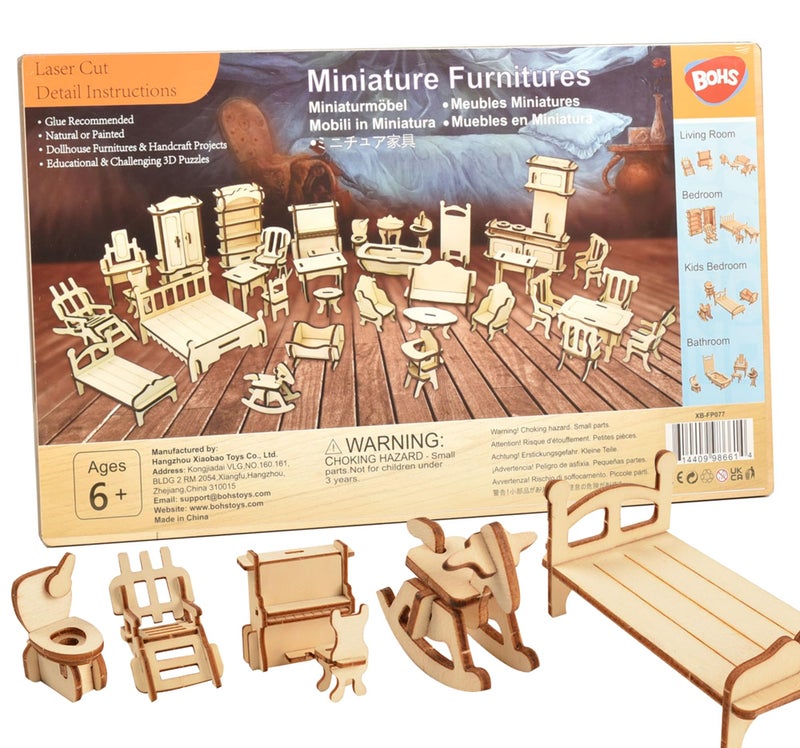 BOHS 34PCS Dollhouse Furnitures Craft Kit -Wooden DIY 3D Puzzle - Miniature Models Doll House Accessories - Ages 6 and Up - Image 1