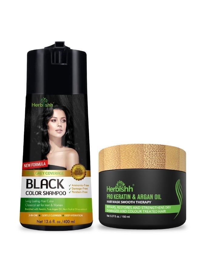 Herbishh Black Color Shampoo (400ml) + Argan Keratin Hair Mask (150gm) - Ammonia Free Hair Dye - Image 1