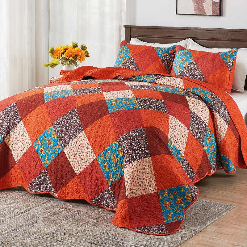 Qucover Queen Quilt Bedding Set, 3 Piece Multicolour Patchwork Print Orange Bedspreads Queen Size, Reversible Lightweight Quilts Set, Soft Microfiber Fall Quilt, Autumn Quilt, All Seasons - Image 2