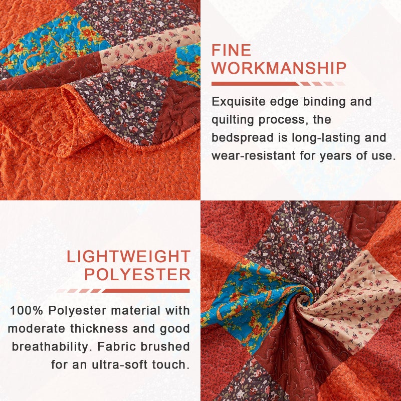 Qucover Queen Quilt Bedding Set, 3 Piece Multicolour Patchwork Print Orange Bedspreads Queen Size, Reversible Lightweight Quilts Set, Soft Microfiber Fall Quilt, Autumn Quilt, All Seasons - Image 5