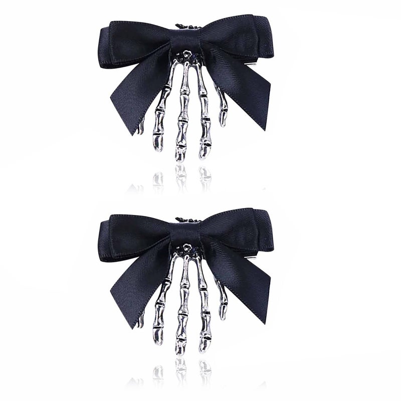 Utavu 2Pcs Skeleton Hand Hair Clips with Bowknot  Cute Skull Claw Hairpins for Girls Party Cosplay