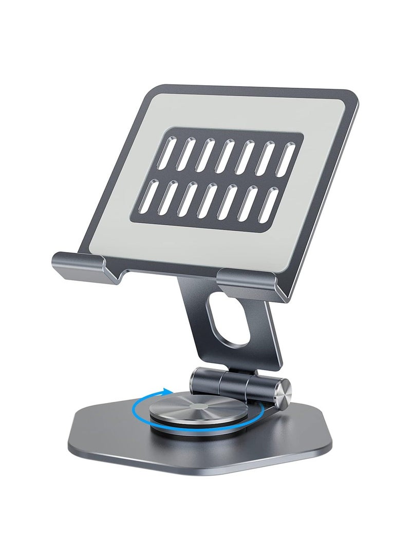 Y&D Tablet Stand with 360 Rotating Base, Heavy Duty Aluminum Foldable iPad Holder Compatible All Tabl, for Desk, Business, Kitchen, Desktop (Grey) - Image 1