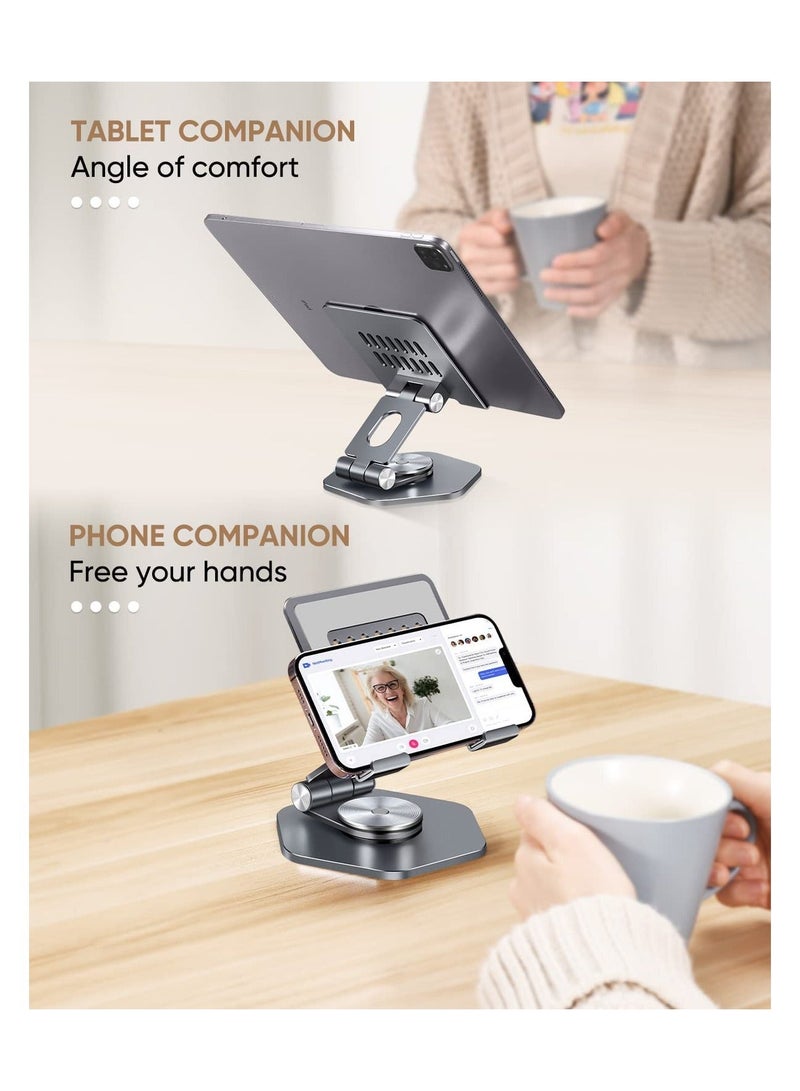 Y&D Tablet Stand with 360 Rotating Base, Heavy Duty Aluminum Foldable iPad Holder Compatible All Tabl, for Desk, Business, Kitchen, Desktop (Grey) - Image 2