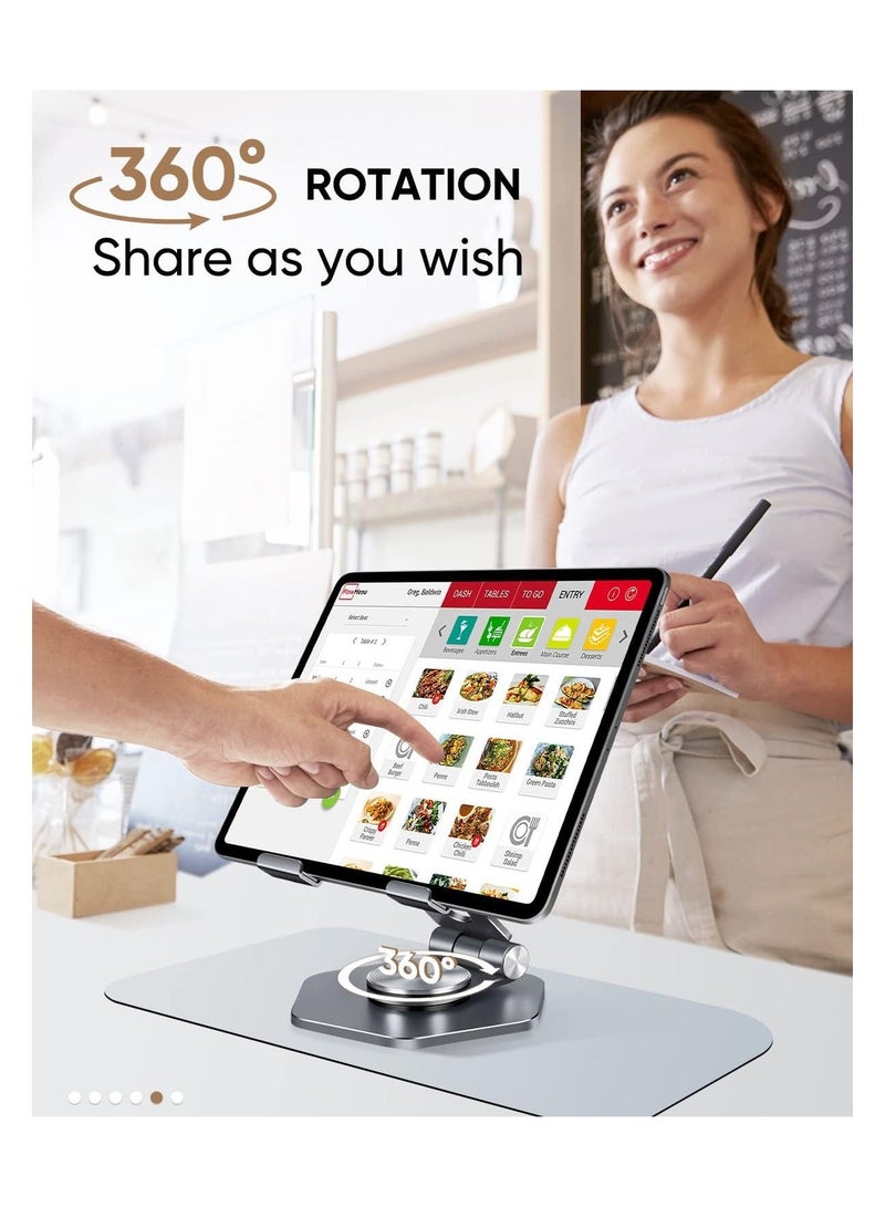 Y&D Tablet Stand with 360 Rotating Base, Heavy Duty Aluminum Foldable iPad Holder Compatible All Tabl, for Desk, Business, Kitchen, Desktop (Grey) - Image 3
