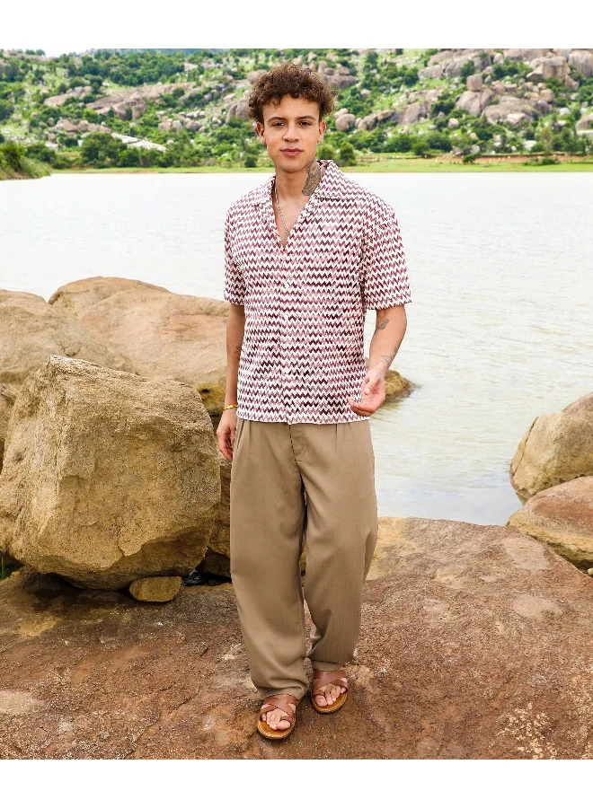 Men's Terracotta Brown & Powder White Chevron-Striped Oversized Shirt