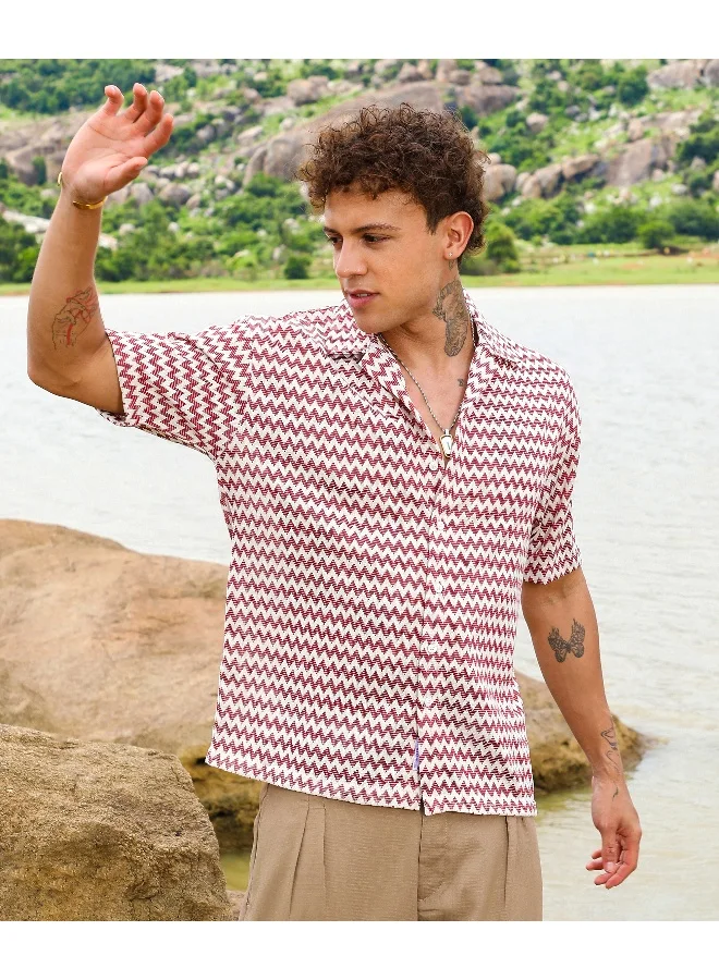 CAHOOT  Men's Terracotta Brown & Powder White Chevron-Striped Oversized Shirt for Men | Best Price UAE
