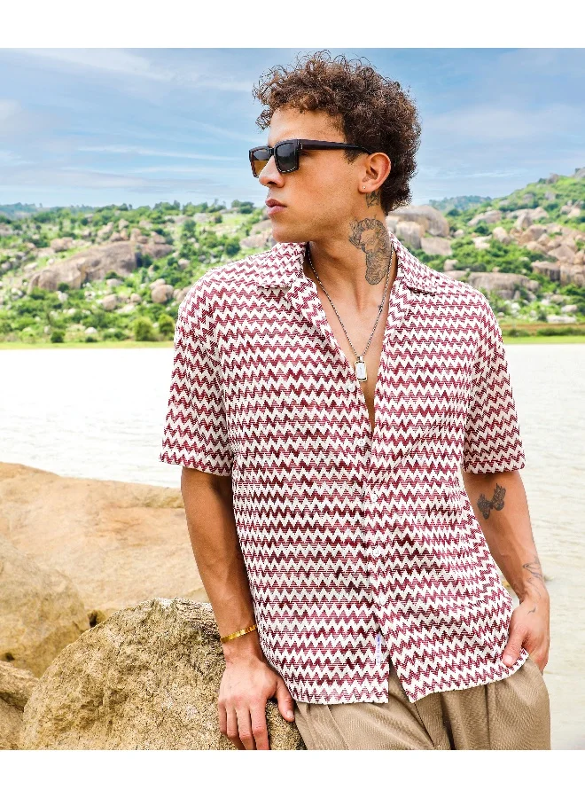 CAHOOT  Men's Terracotta Brown & Powder White Chevron-Striped Oversized Shirt for Men | Best Price UAE