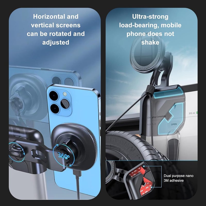 Phone Mount for Tesla Model 3/Y, Phone Holder Wireless Recharge Super Magnet with 3M, Multiple 360° Rotation Adjustment, for All iPhone & Android Phones - with Magnetic Ring - Image 3