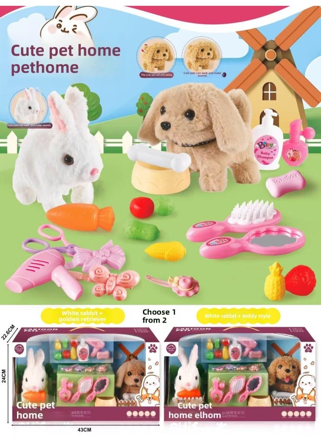 Plush Electric Toy Children's Pet Simulation Animal Puppy Rabbit Cat Will Walk Will Call A Stall Wholesale-Color:[exquisite Gift Set] Teddy + Bunny-Specification:Without Battery  - Image 1
