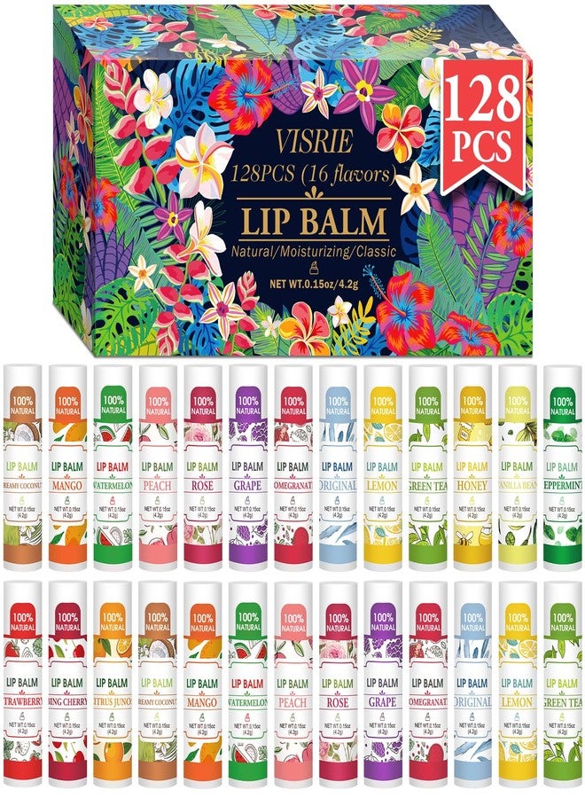 VISRIE 128 Pack Lip Balm, Natural Lip Balm Bulk with Vitamin E and Coconut Oil, Bulk Moisturizing Lip Balms for Dry Lips-16 Flavors - Image 1