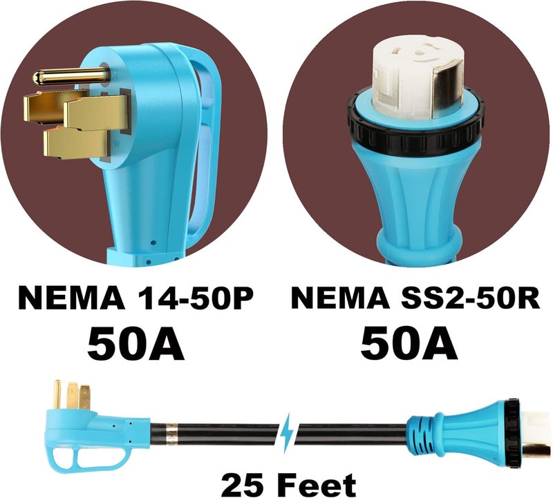CircleCord UL Listed 50 Amp 25 Feet RV/Generator Cord with Locking Connector, Heavy Duty 6/3+8/1 Gauge STW Wire, 14-50P Male and SS2-50R Twist Locking Female for RV Camper and Generator to House - Image 2