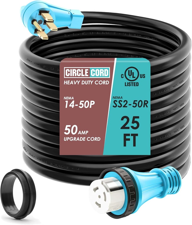 CircleCord UL Listed 50 Amp 25 Feet RV/Generator Cord with Locking Connector, Heavy Duty 6/3+8/1 Gauge STW Wire, 14-50P Male and SS2-50R Twist Locking Female for RV Camper and Generator to House - Image 1