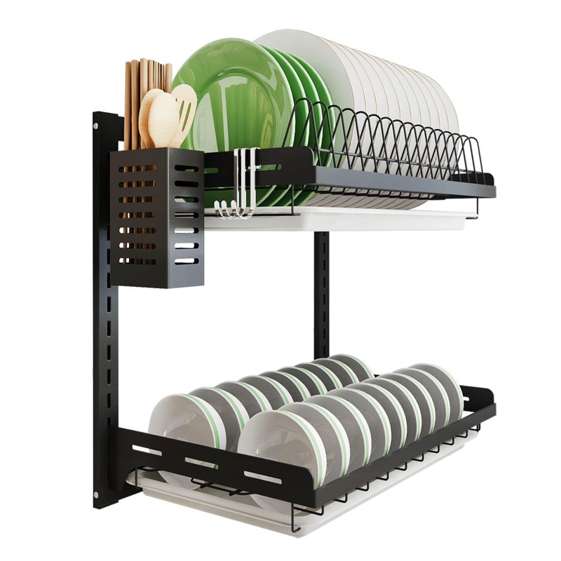 junyuan junyuan Kitchen Dish RackHanging Dish Drying Rack Organizer Storage Shelf Over Sink2 Tier Wall Mount Bowl Holder with Drain Tray and Silverware Stainless Steel Black Coating Ajustable Height 