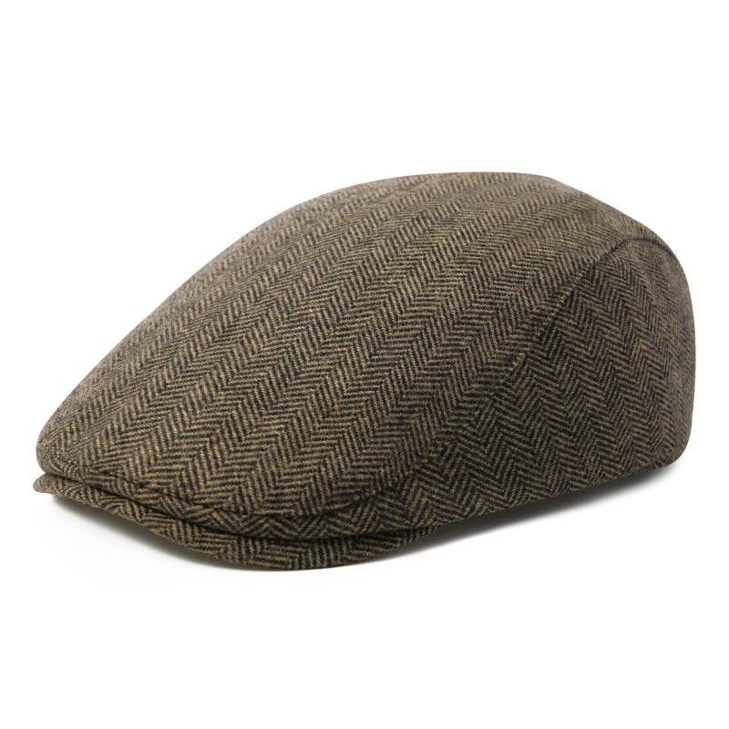 FEINION Men Wool Blend Flat Cap Tweed Newsboy Ivy Hat (Herringbone Khaki) - Image 1