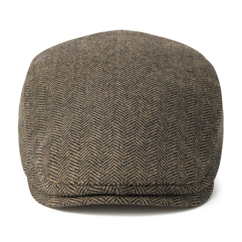 FEINION Men Wool Blend Flat Cap Tweed Newsboy Ivy Hat (Herringbone Khaki) - Image 3