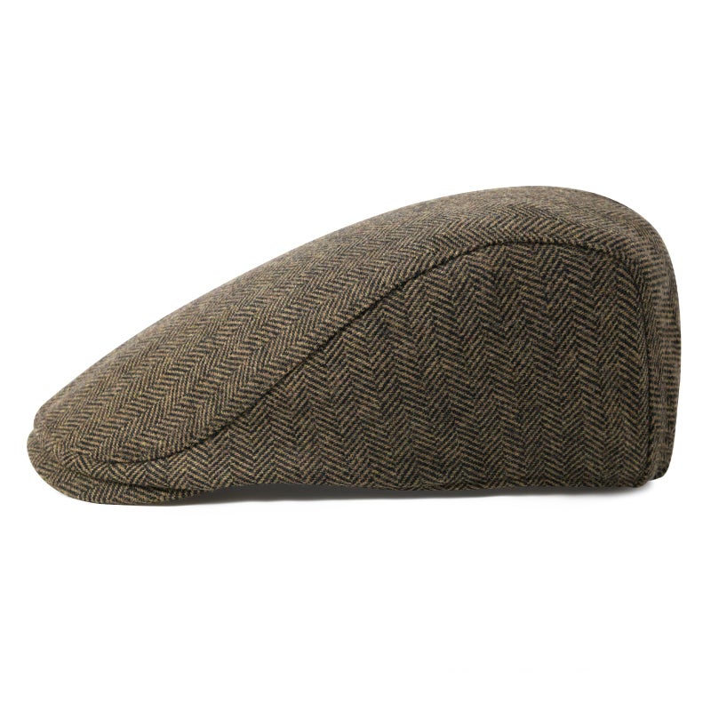 FEINION Men Wool Blend Flat Cap Tweed Newsboy Ivy Hat (Herringbone Khaki) - Image 2