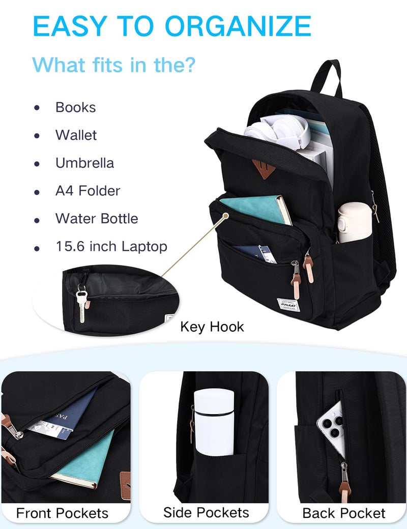 RAVUO School Backpack for Men Women, Water Resistant 15.6 inch Laptop Back Packs Bookbags College Daypack Black Bag with Side Pockets - Image 4