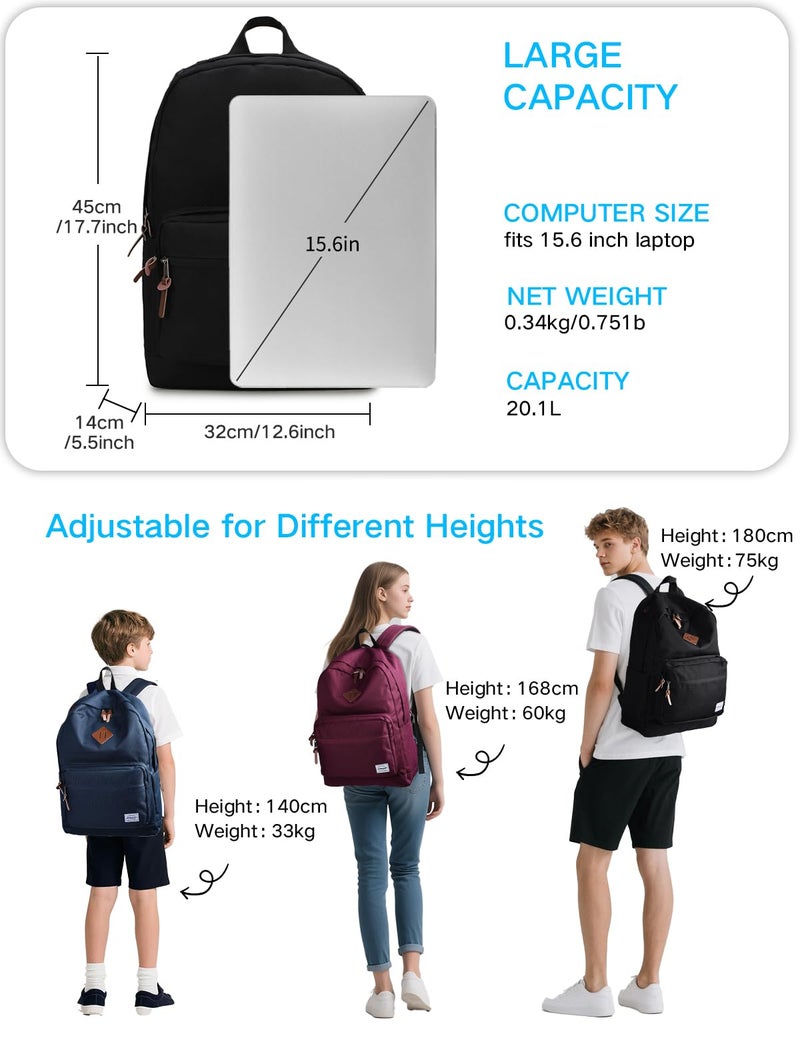 RAVUO School Backpack for Men Women, Water Resistant 15.6 inch Laptop Back Packs Bookbags College Daypack Black Bag with Side Pockets - Image 2