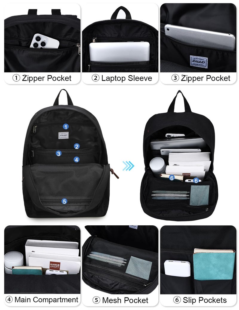 RAVUO School Backpack for Men Women, Water Resistant 15.6 inch Laptop Back Packs Bookbags College Daypack Black Bag with Side Pockets - Image 5