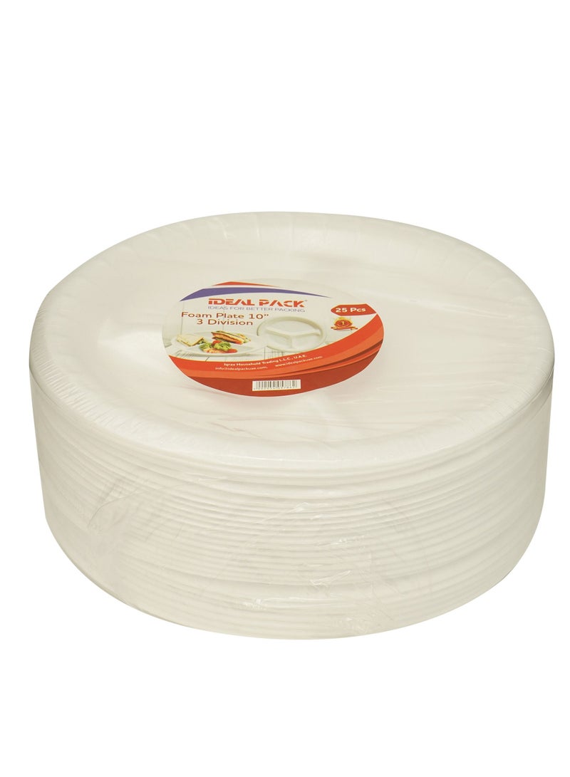 IDEAL PACK 3 DIVISION FOAM PLATE  10 INCH PACK OF 25 WHITE 2PKTS - Image 1