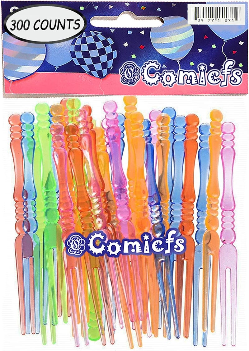 Comicfs 300pcs Disposable Plastic Fruit Forks, 4" Bistro Cocktail Forks Tasting Appetizer Fork Set Toothpick Portable Salad Mini Cake Fork (Multicolor) - Image 2