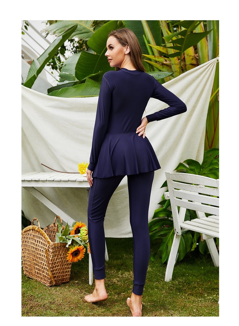 NIBEMINENT One-Piece Women's Conservative Swimsuit Set Muslim Ruffled Hem Swimsuit Long-Sleeved Trousers Ladies Beachwear Skirt Surfing Sunscreen Dress Arabic Clothing Pure - Image 2