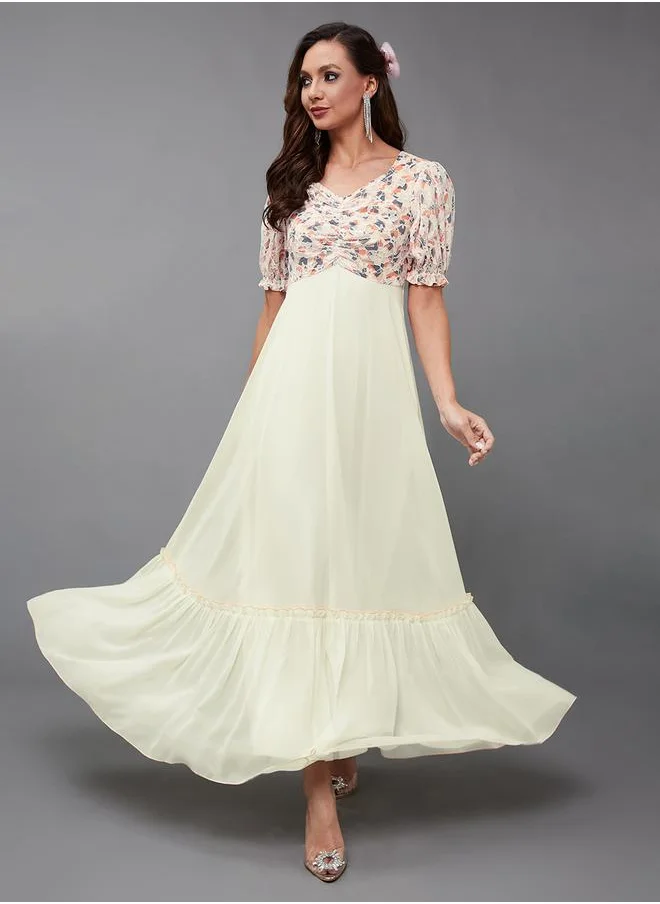 ستايلي Lace Insert Ruched Detail Puff Sleeve Maxi Dress