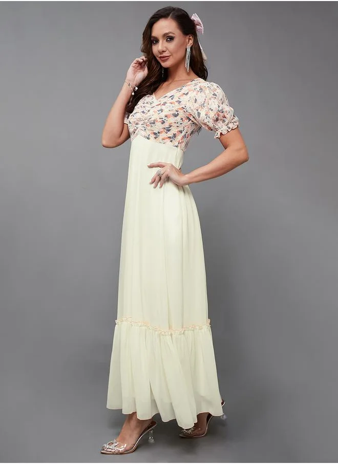 ستايلي Lace Insert Ruched Detail Puff Sleeve Maxi Dress