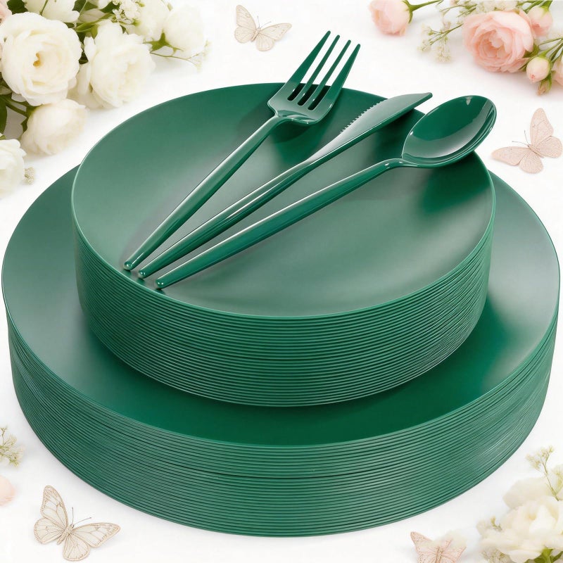 ejonirinjonir EI 150pcs Green Plastic Plates,Green Disposable Plates Heavy Duty,Fancy Plastic Dinnerware Set,Dinner Plate for Party,Picnic,Birthday,Wedding Afternoon Tea Spring - Image 1
