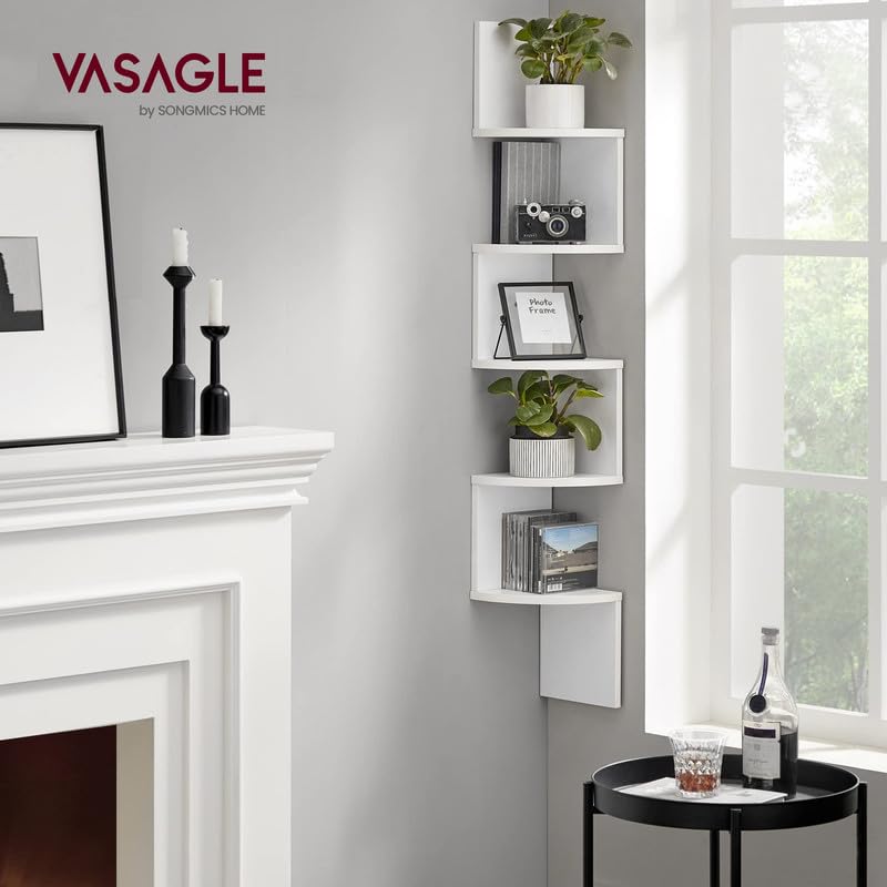 VASAGLE رف زاوية مثبت على الحائط من فاساجل، رف كتب زاوية عائم من 5 طبقات، رف نباتات لغرفة النوم، غرفة المعيشة، الحمام، المكتب المنزلي، أبيض سحابي - Image 2