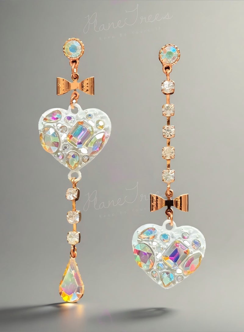 PLANE TREES Iridescent Heart Drop Earrings – Asymmetrical Crystal Bow Design with Teardrop Pendant – Romantic Gift Jewelry for Women, Birthday, Valentine’s Look - Image 1