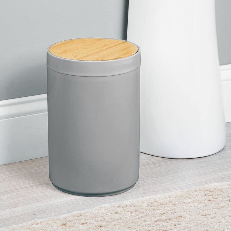 mDesign Plastic Round Trash Can Small Wastebasket - Garbage Bin Container with Swing-Close Lid - Bathroom Garbage Basket - Holds Waste, Recycling - 1.3 Gallon - Basa Collection - Gray/Natural - Image 2