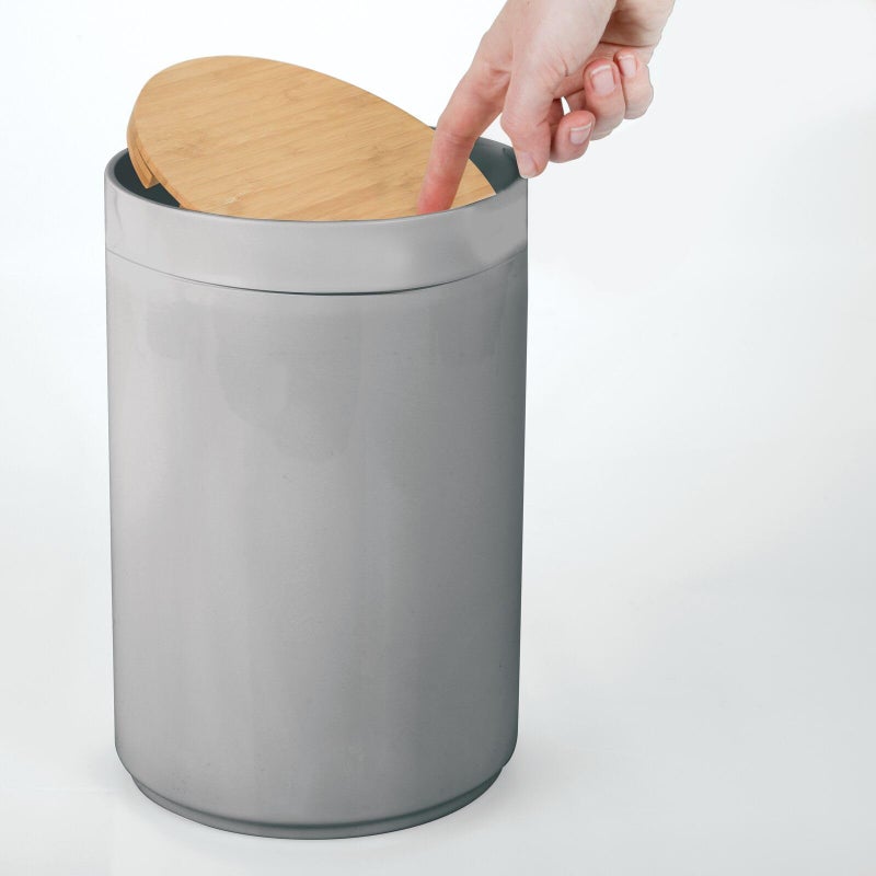 mDesign Plastic Round Trash Can Small Wastebasket - Garbage Bin Container with Swing-Close Lid - Bathroom Garbage Basket - Holds Waste, Recycling - 1.3 Gallon - Basa Collection - Gray/Natural - Image 5