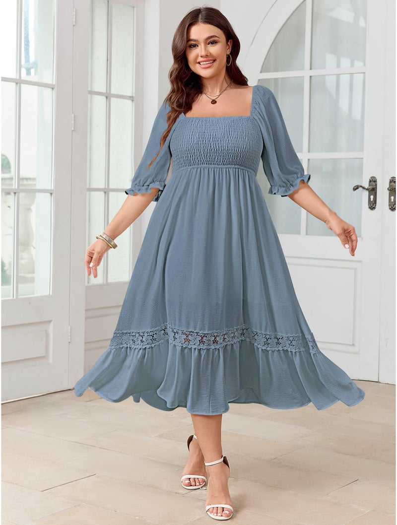 SCOMCHIC Women's Plus Size Boho Maxi Dress Short Sleeve Square Neck Smocked Flowy A-Line Lace Trim Wedding Guest Dresses Grey Blue - Image 3