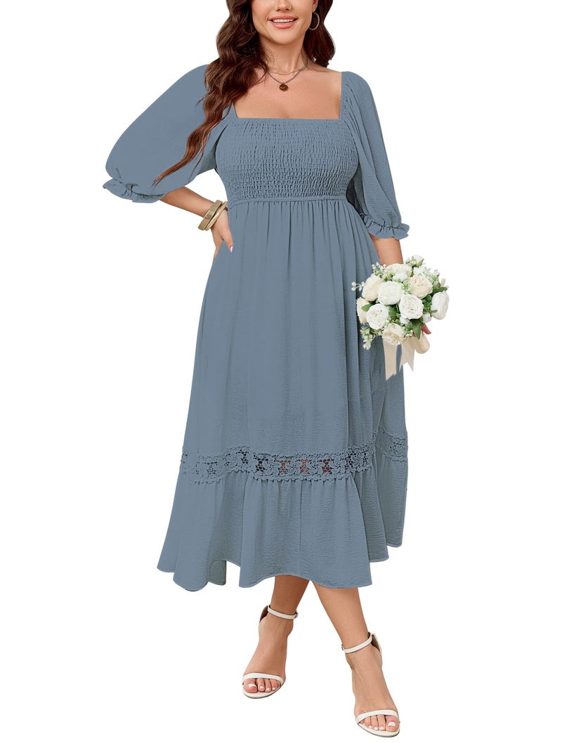 SCOMCHIC Women's Plus Size Boho Maxi Dress Short Sleeve Square Neck Smocked Flowy A-Line Lace Trim Wedding Guest Dresses Grey Blue - Image 1