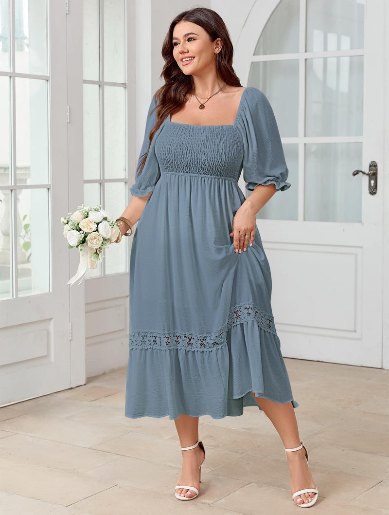 SCOMCHIC Women's Plus Size Boho Maxi Dress Short Sleeve Square Neck Smocked Flowy A-Line Lace Trim Wedding Guest Dresses Grey Blue - Image 2