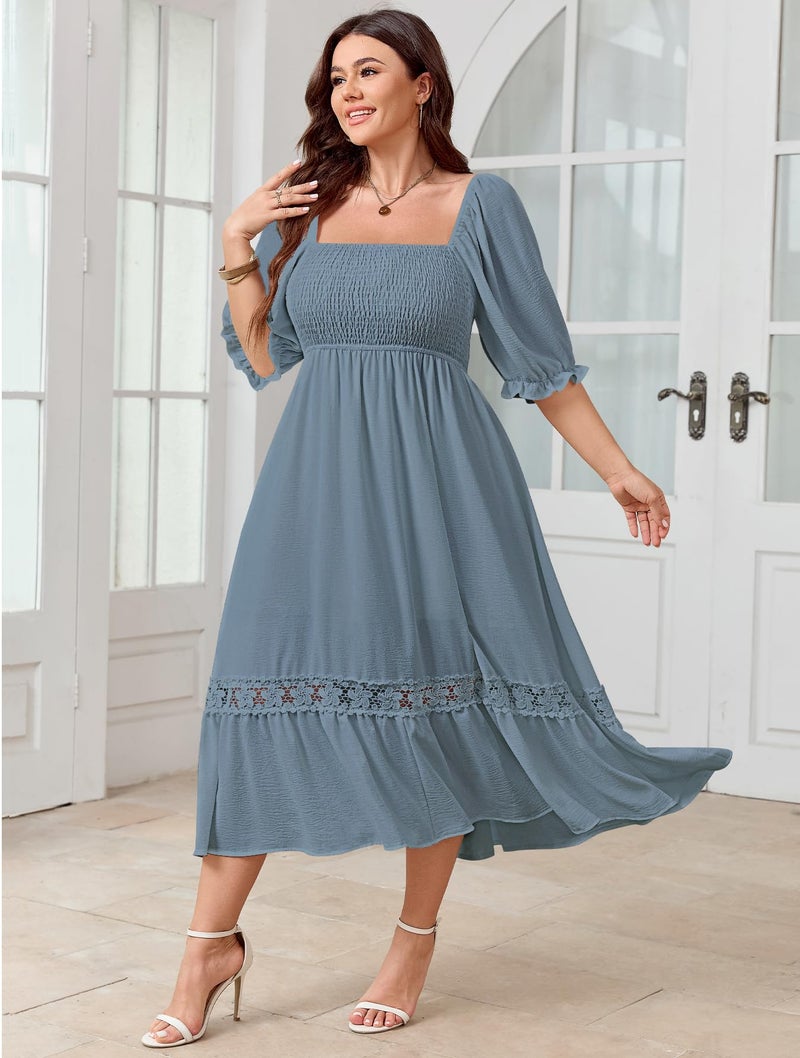 SCOMCHIC Women's Plus Size Boho Maxi Dress Short Sleeve Square Neck Smocked Flowy A-Line Lace Trim Wedding Guest Dresses Grey Blue - Image 5