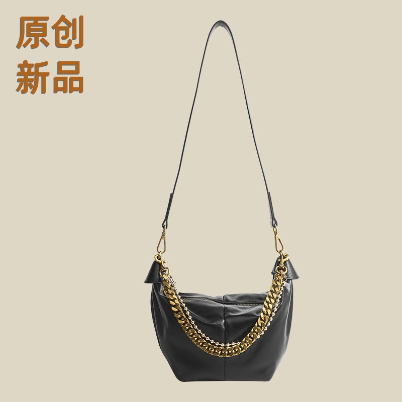 Genuine Leather Hobo Handbag with Top Layer Cowhide, Versatile Shoulder and Crossbody Bag for Women, Black